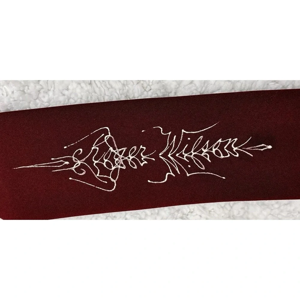 Vtg Mirrored Signature Necktie Burgundy Hand‎ Painted Script Poly 40s 50s 57x3